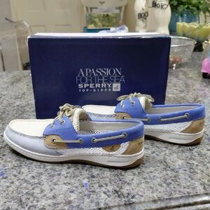 "Sperry" Like new, Women's Sz.9 Bluefish, Blue, White, and Tan Loafers